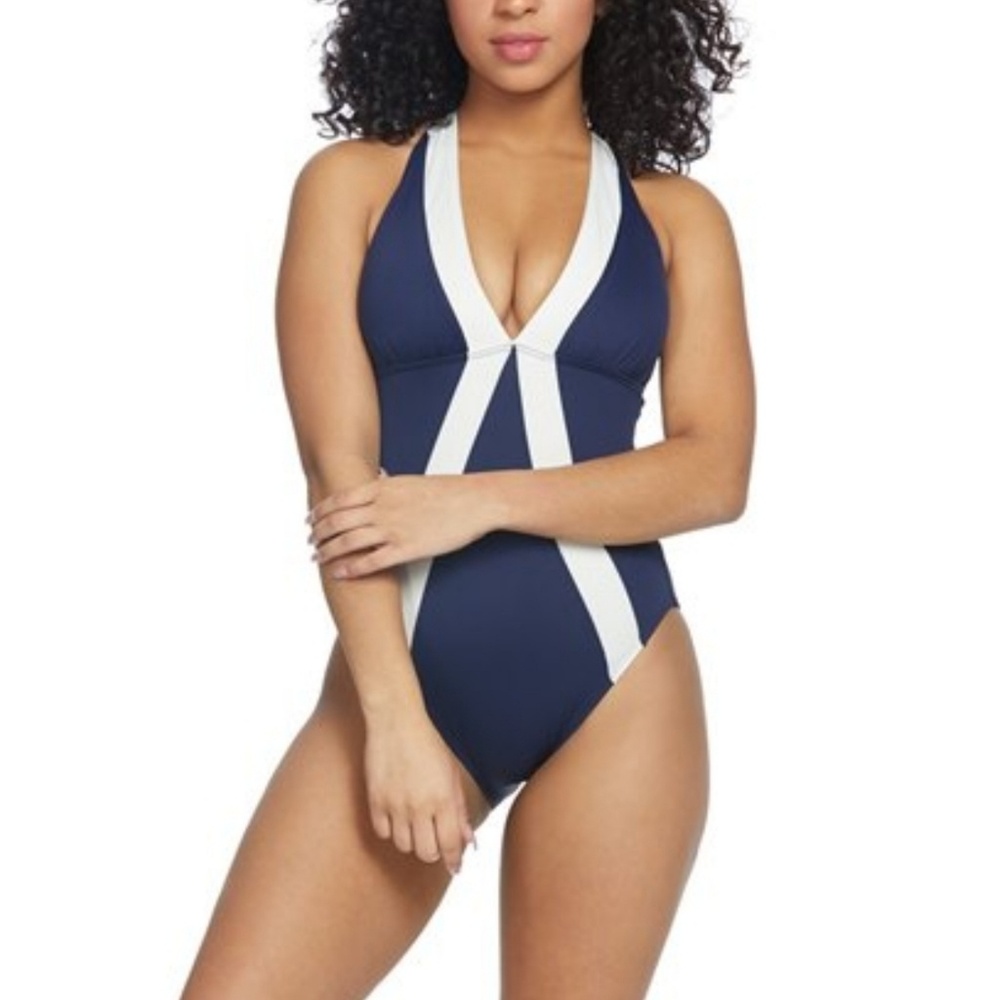 Vince Camuto Sun Block Colorblock Halter One-Piec…